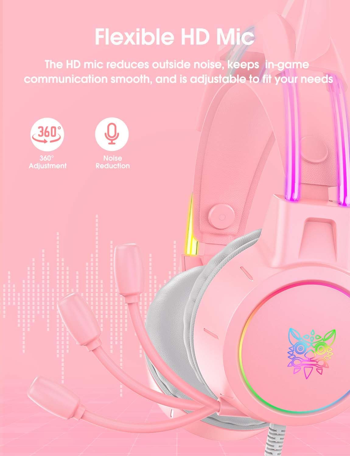 Lightweight Pink Gaming Headset with Removable Cat Ears, RGB Lights, Surround Sound & Noise-Cancelling Mic – Compatible with PC, PS4/PS5, Xbox, Switch