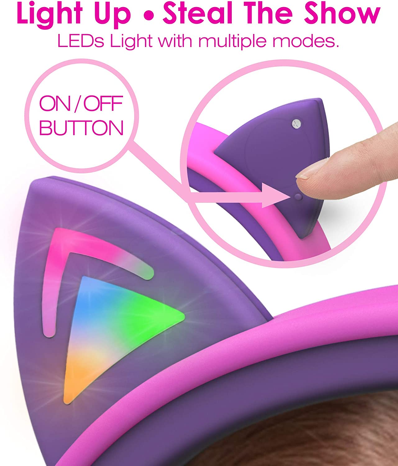 Kids Headphones with LED Cat Ears, 85dB Safe Volume Limit, 3.5mm Wired On-Ear Design, Tangle-Free Laced Cables - Hot Pink/Purple, Perfect Christmas Gifts for Boys and Girls