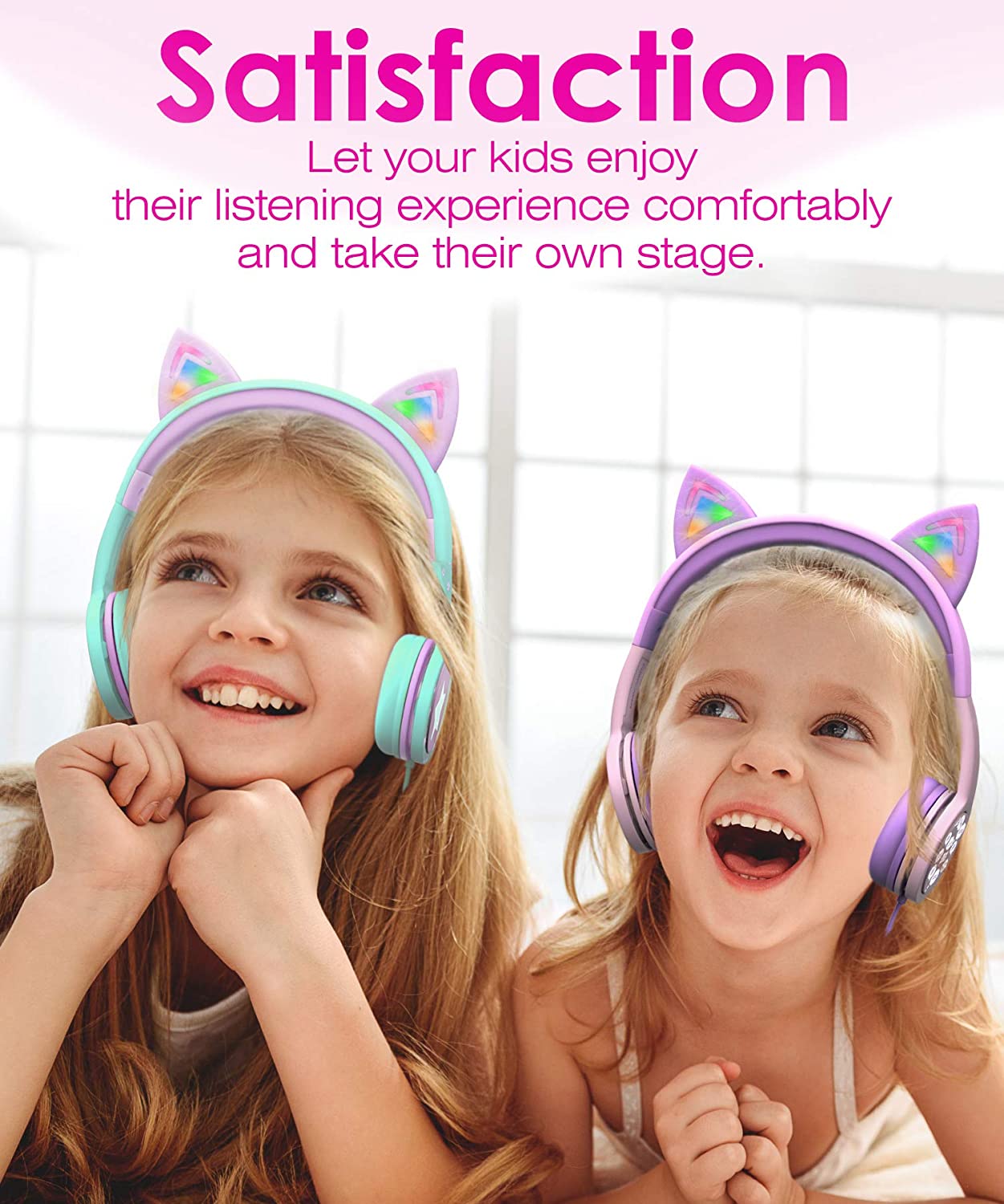 Kids Headphones with LED Cat Ears, 85dB Safe Volume Limit, 3.5mm Wired On-Ear Design, Tangle-Free Laced Cables - Teal/Light Purple, Perfect Christmas Gifts for Boys and Girls)