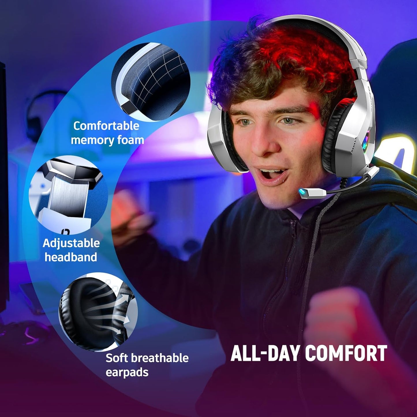 Ultimate Gaming Headset for PC, PS4, PS5 - Stereo Sound, Noise Cancelling Mic, Soft Memory Earmuffs, LED Lights - Compatible with Xbox Series X/S, Switch, Laptop, Mac-WHITE