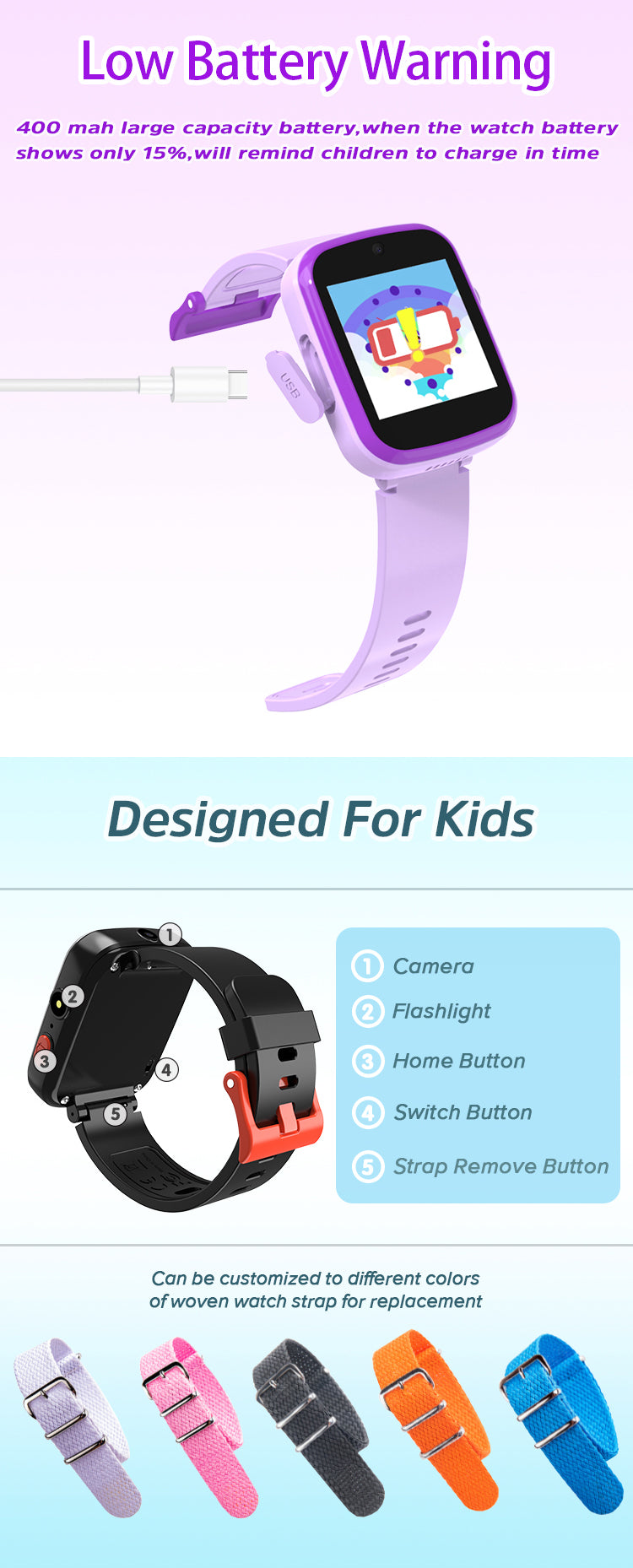 ULTREND Digital Kids Smart Watch, Silicone strap, Alarm Function, Funny games and Powerful battery. (Blue)