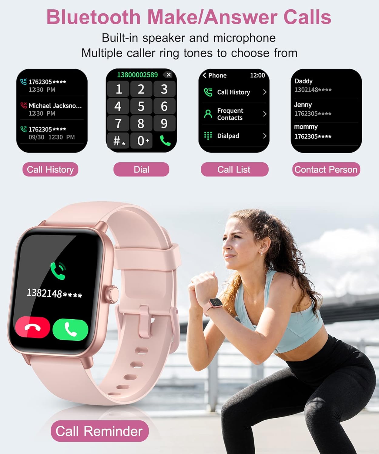 Gleam Up Smart Watch – Alexa, Fitness Tracker, Heart Rate Monitor, IP68 Waterproof (Pink)