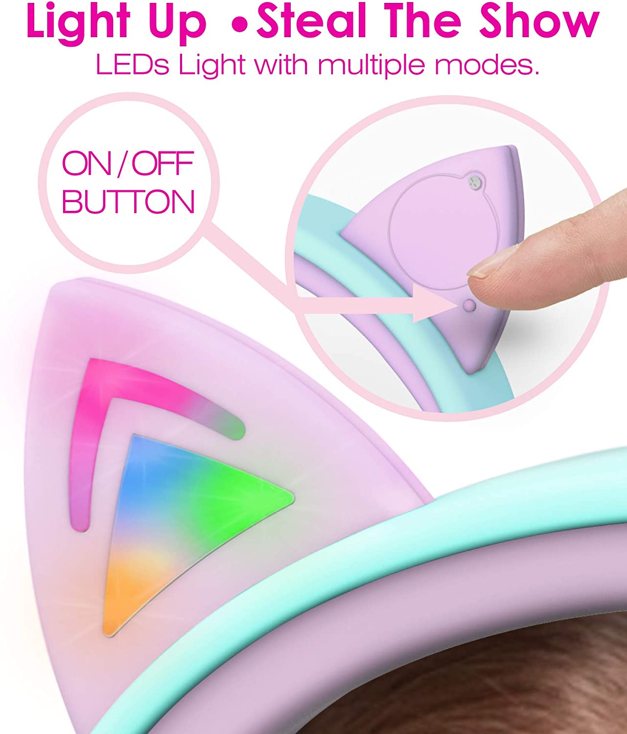 Kids Headphones with LED Cat Ears, 85dB Safe Volume Limit, 3.5mm Wired On-Ear Design, Tangle-Free Laced Cables - Teal/Light Purple, Perfect Christmas Gifts for Boys and Girls)