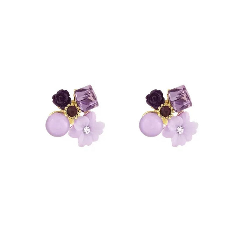 Purple crystal retro flower earrings niche design noble temperament earrings