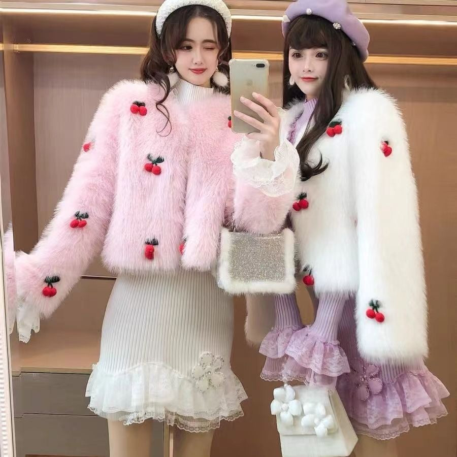 Sweet and cute girly three-dimensional cherry jacket