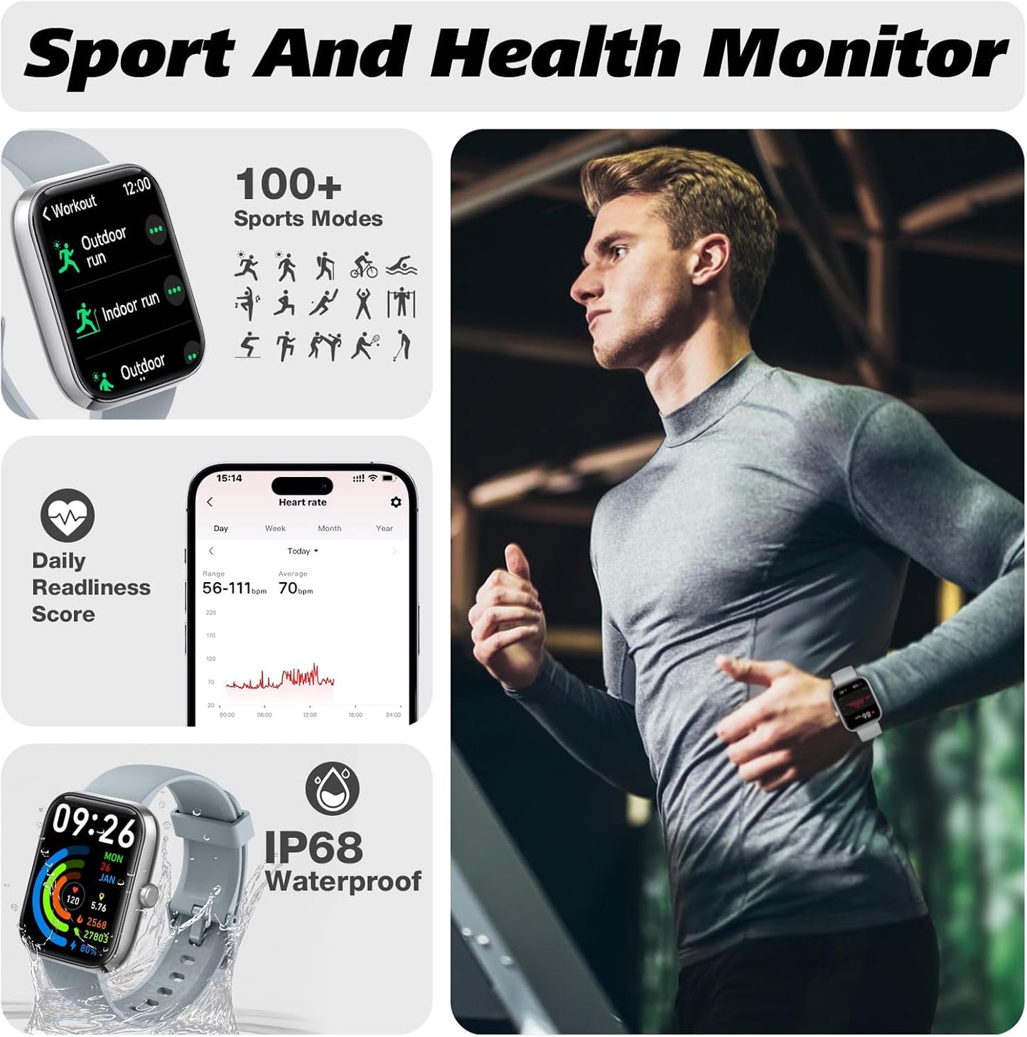1.8" Smart Watch for Men & Women with Bluetooth Call, DIY Dial, Heart Rate, Sleep & Blood Oxygen Monitor, 100+ Sports Modes, IP68 Waterproof, Alexa Built-in for Android & iPhone