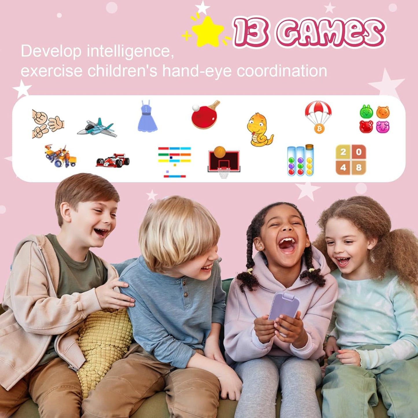 Kids Smart Phone Toy – 2.8" Touchscreen, Dual Cameras, MP3, 13 Games & Habit Tracker (Pink)