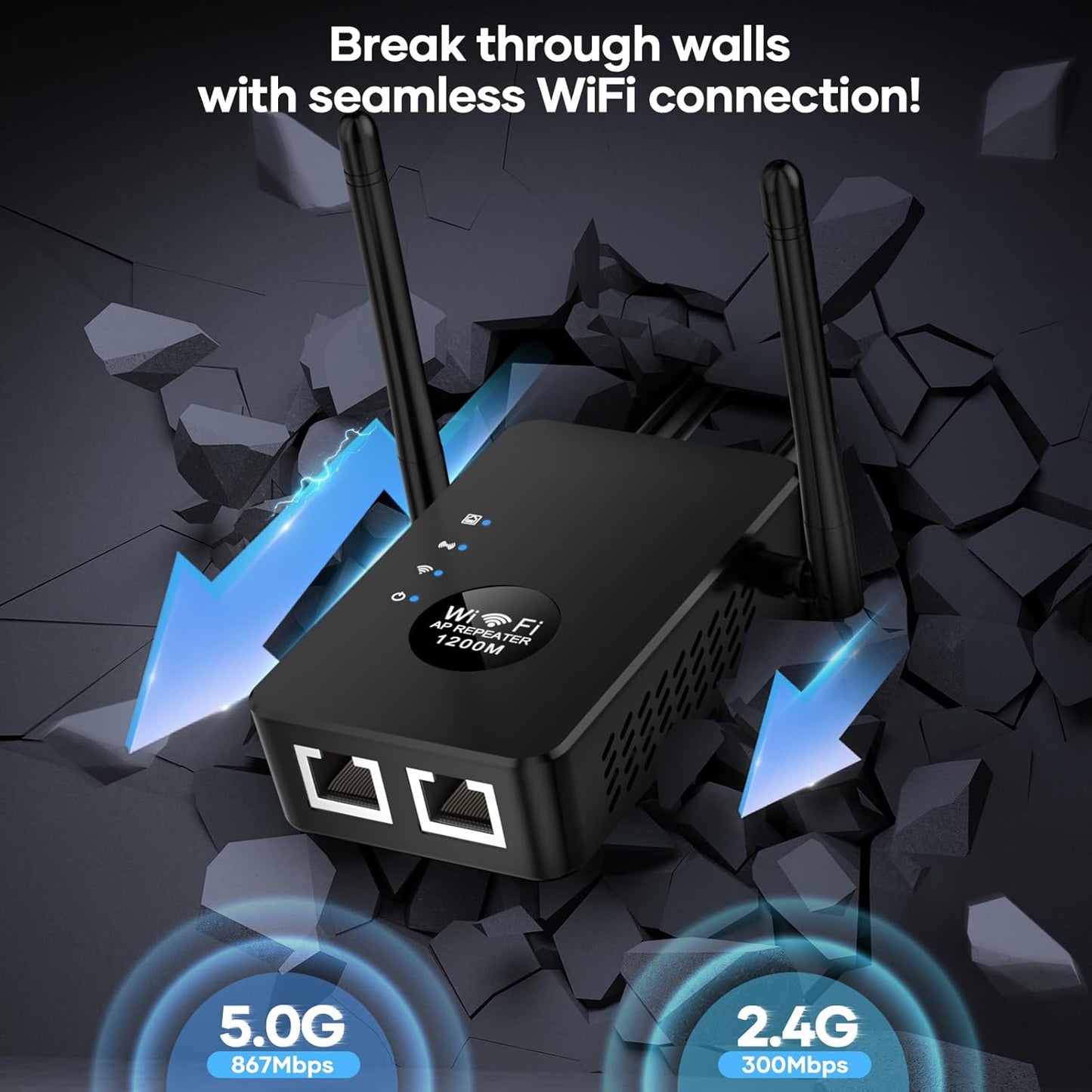 High-Speed Dual-Band WiFi Extender – 1200Mbps Signal Booster with 4 Antennas, 5GHz/2.4GHz, Wide Coverage for Home & Office, Supports Multiple Devices (Black)