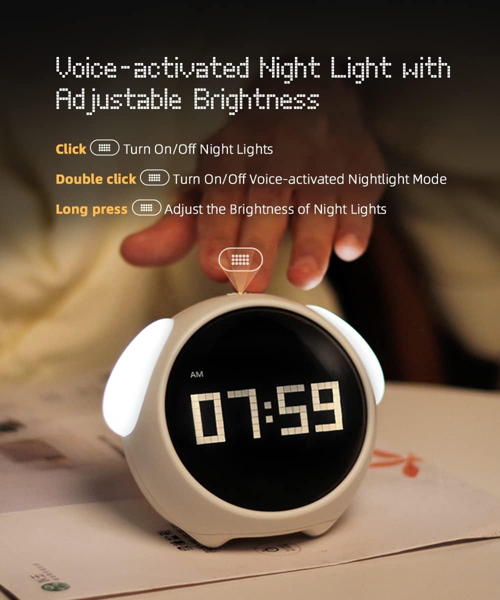 Kids Emoji Alarm Clock with Dual Alarms, Adjustable Brightness Night Light, Voice-Activated, Temperature Detection - Perfect Wake-Up Clock and Christmas Gift for Kids (White).