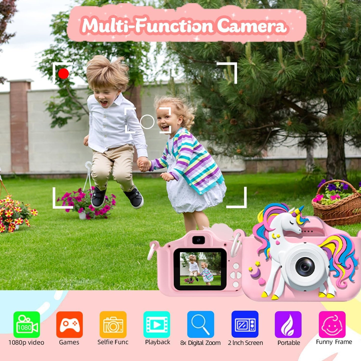 Kids Unicorn Digital Dual Camera for 3-12 Year Old Boys & Girls, HD Video Camcorder, Selfie Mode, Soft Silicone Cover, Perfect Christmas Gift for Fun & Creativity.