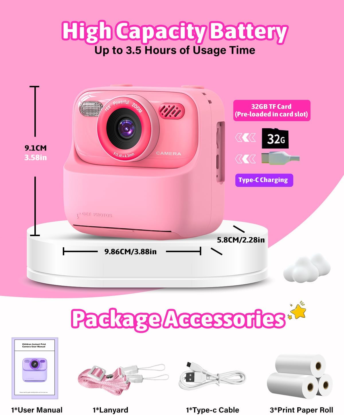 Kids Instant Print Camera, Digital Photo & Video Camera, Fun Gift for Girls Boys 3-12 Year Olds, Christmas & Birthday Present, HD Toy Camera with Printing (Pink)