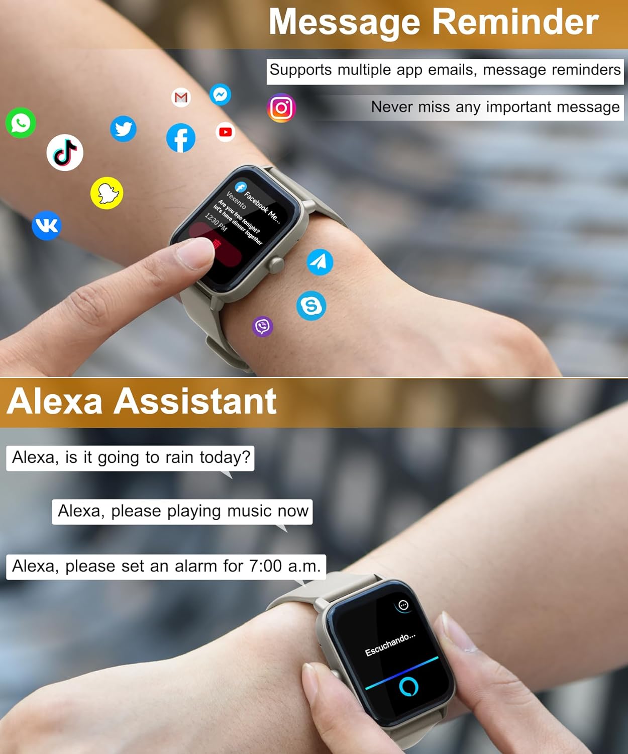 Gleam Up Smart Watch – Alexa, Fitness Tracker, Heart Rate Monitor, IP68 Waterproof (White)