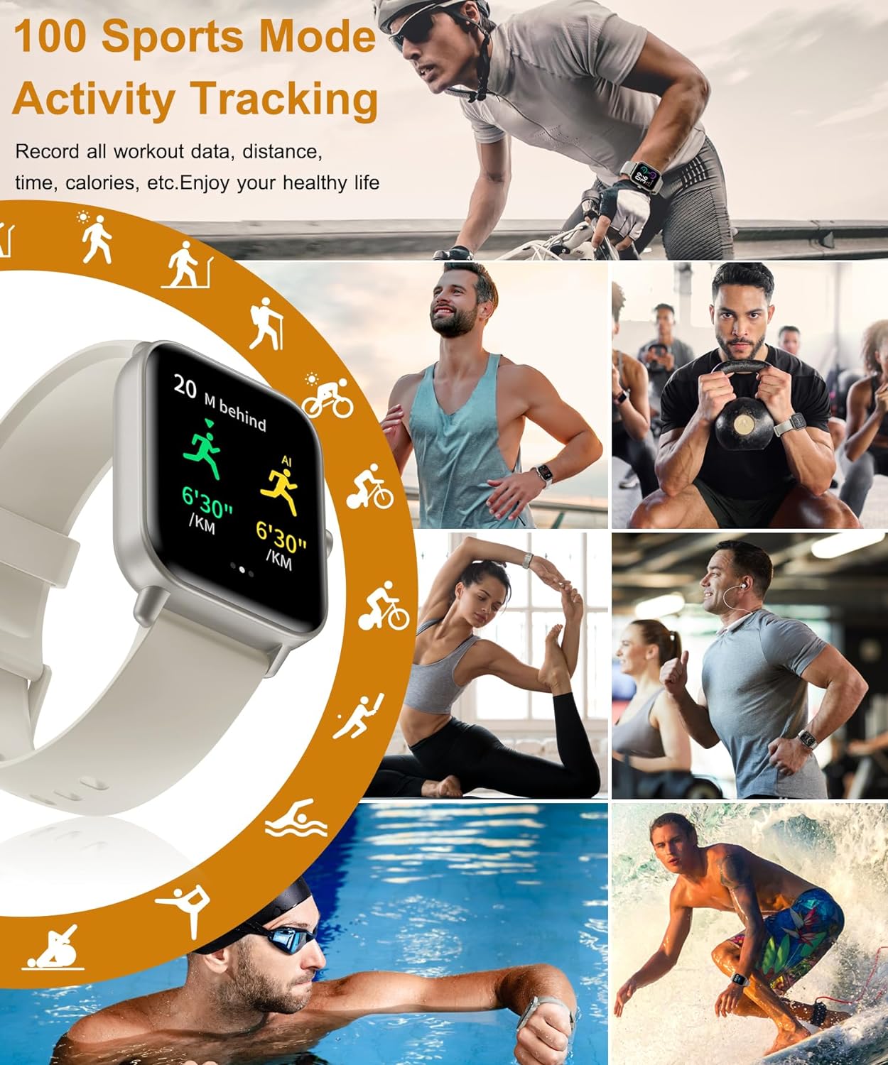 Gleam Up Smart Watch – Alexa, Fitness Tracker, Heart Rate Monitor, IP68 Waterproof (White)