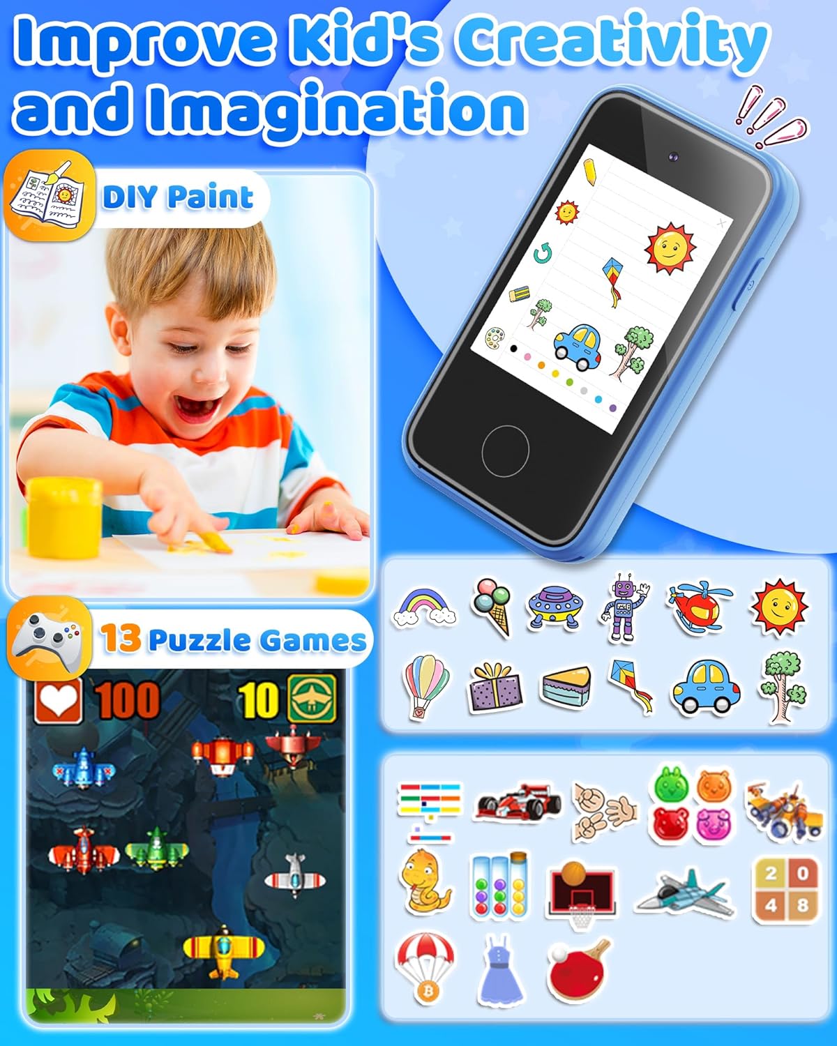 Kids Smart Phone Toy for Boys 3-8 Years Old - Educational games, Dual cameras, MP3 Music Player, and touchscreen pretend play. Spark imagination and early learning toy - Blue