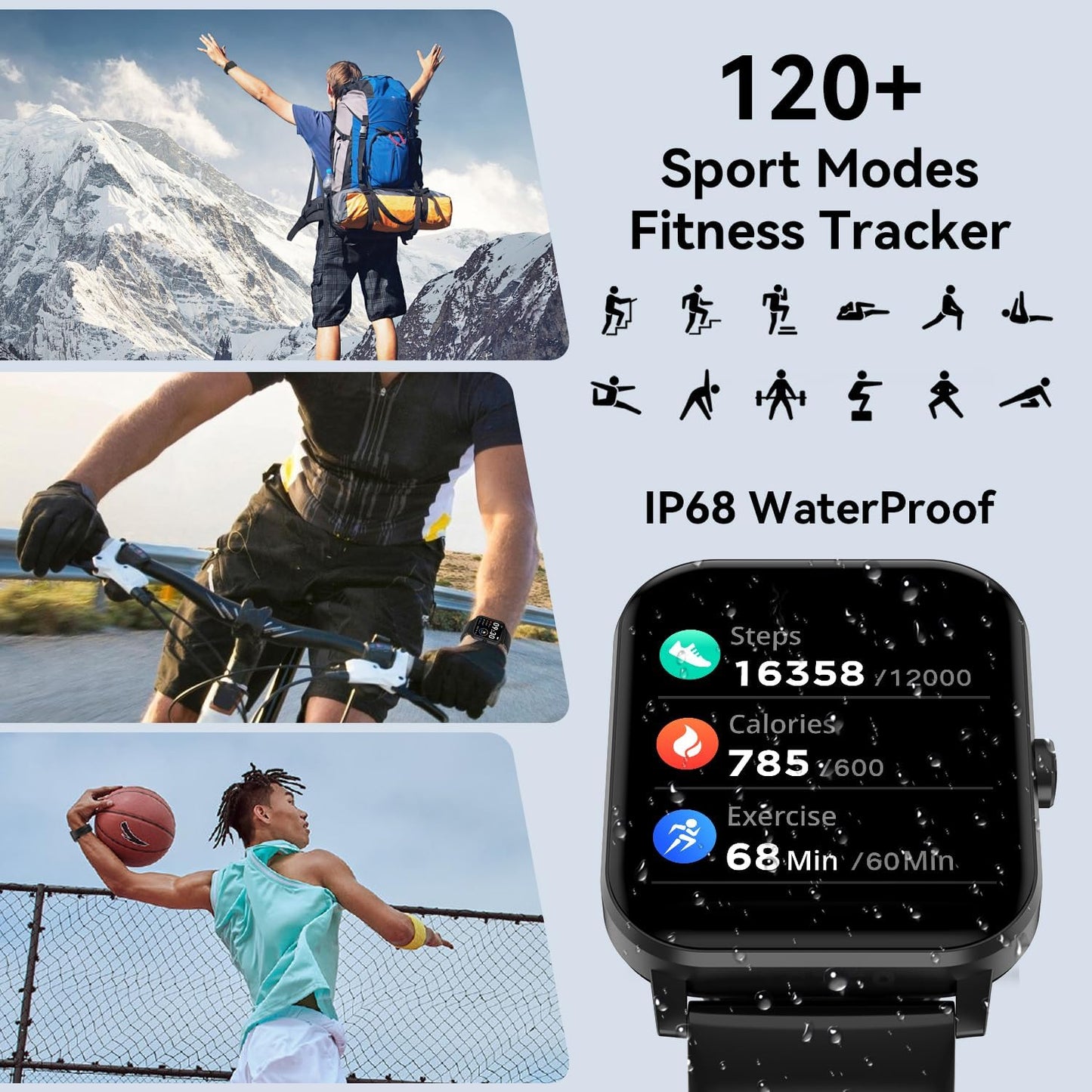 Bluetooth Smart Watch for Men & Women, 1.85" HD Fitness Tracker with Call Function, Heart Rate/Sleep/SpO2/Blood Pressure Monitor, Compatible with iOS & Android (Black)