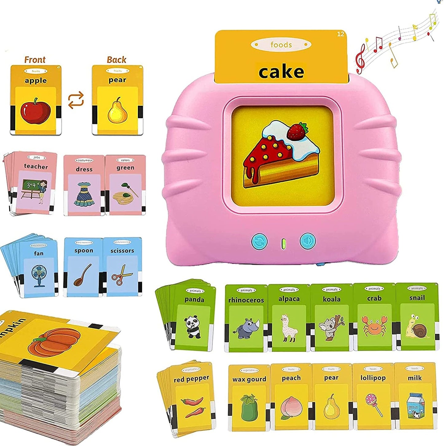 Flash Cards for Kids, Electronic Audible Machine Learning Toys, Phonics Talking 112 Pcs Flash Cards, Kids Birthday Gift. (Pink)