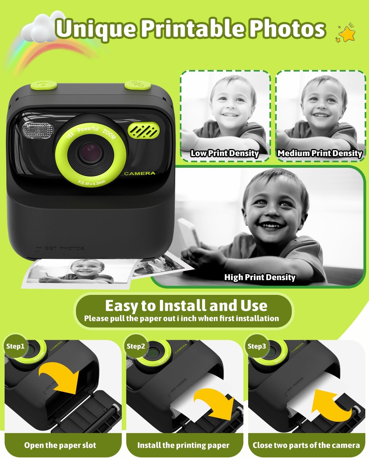 Kids Instant Print Camera, Digital Photo & HD Video, Fun Gift for Girls Boys 3-12 (Black)
