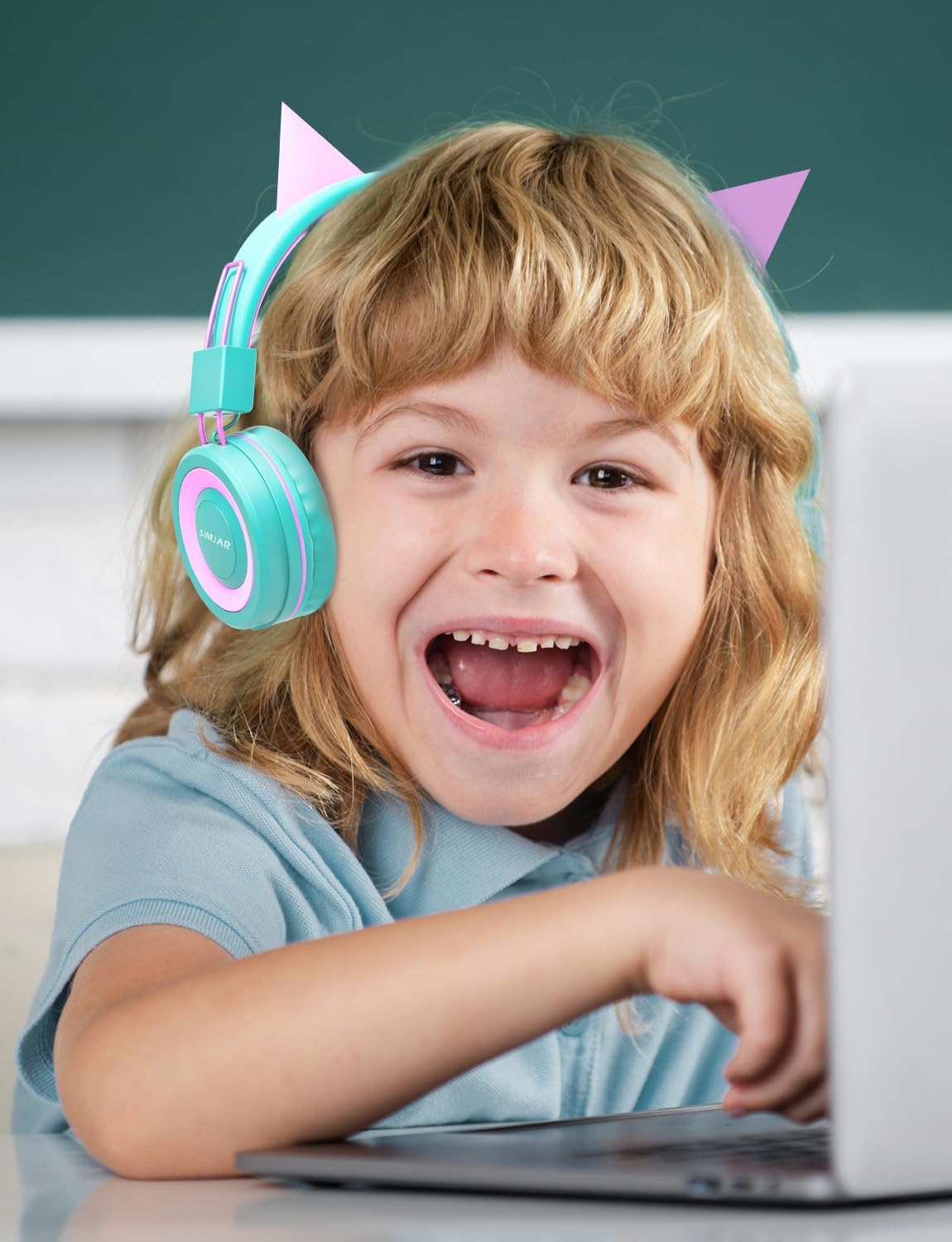 Cat Ear Kids Headphones for School, Wired Foldable Headphones with Adjustable Headband, 3.5mm Jack for Online Learning, Tablet, iPad, Computer – Perfect Christmas Gift, (Green)