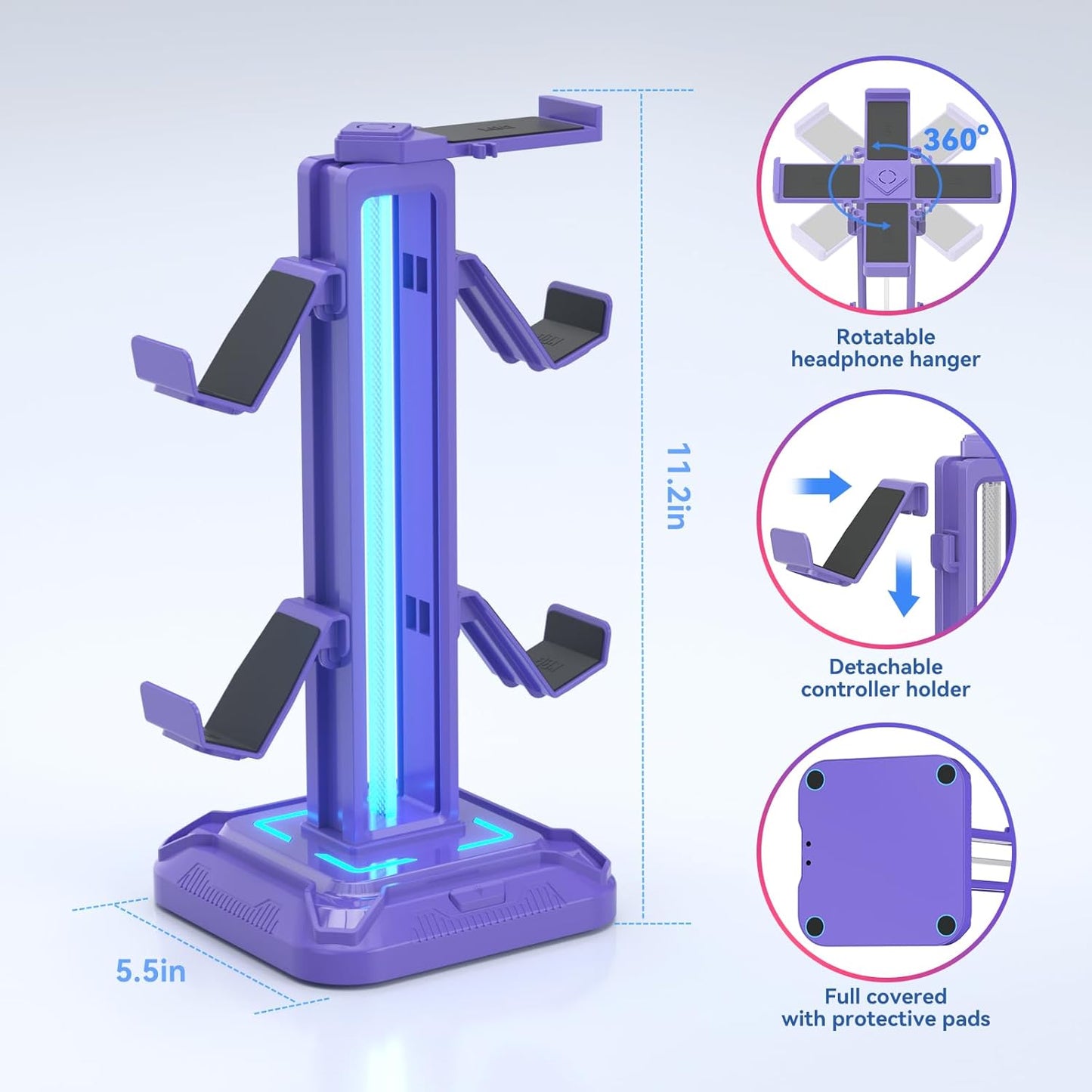 Headset Stand with Phone Holder & Controller Mount, 9 Light Modes, USB Charging Ports, Rotatable Headphone Hanger, Gaming PC Accessories Storage Hook (Black)