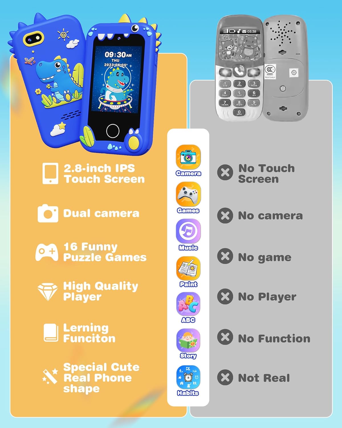 Kids Smart Phone Toy with Dual Cameras, Educational Games & MP3 Player – Blue Dinosaur