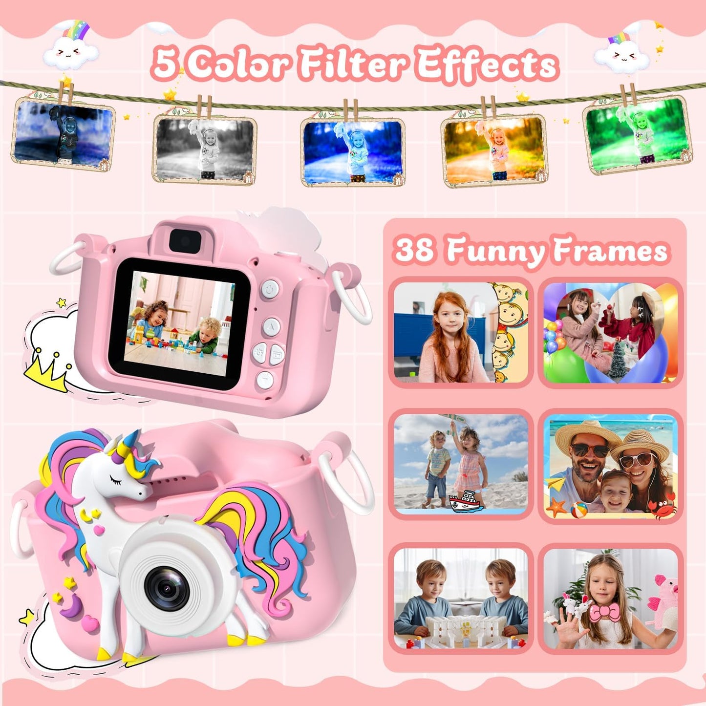 Kids Unicorn Digital Dual Camera for 3-12 Year Old Boys & Girls, HD Video Camcorder, Selfie Mode, Soft Silicone Cover, Perfect Christmas Gift for Fun & Creativity.