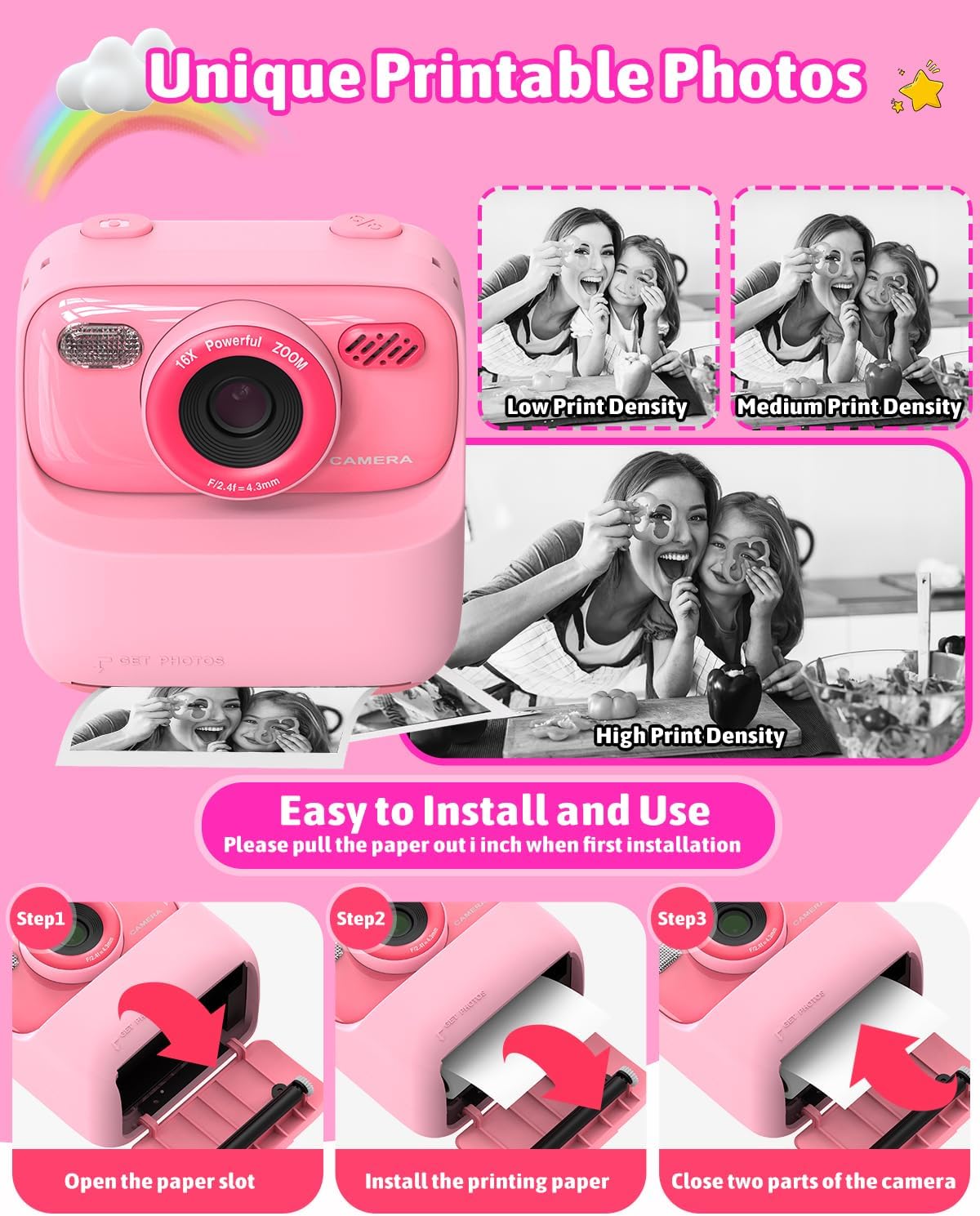 Kids Instant Print Camera, Digital Photo & Video Camera, Fun Gift for Girls Boys 3-12 Year Olds, Christmas & Birthday Present, HD Toy Camera with Printing (Pink)