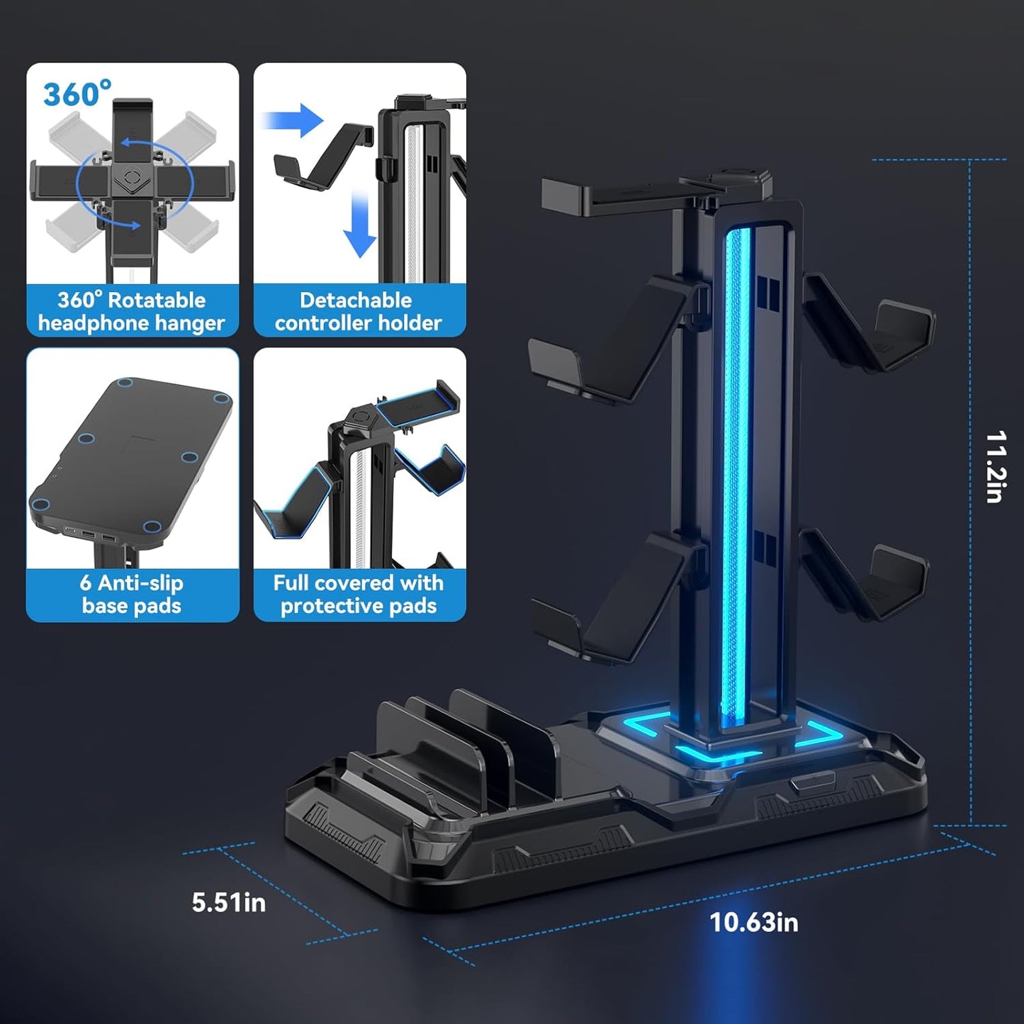 Headset Stand with Phone Holder & Controller Mount, 9 Light Modes, USB Charging Ports, Rotatable Headphone Hanger, Gaming PC Accessories Storage Hook (Black)