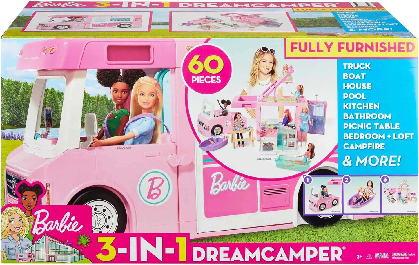 Barbie 3-in-1 DreamCamper Vehicle, approx. 3-ft, Transforming Camper with Pool, Truck, Boat and 60 Accessories, Great Toy for 3 to 7 Year Olds