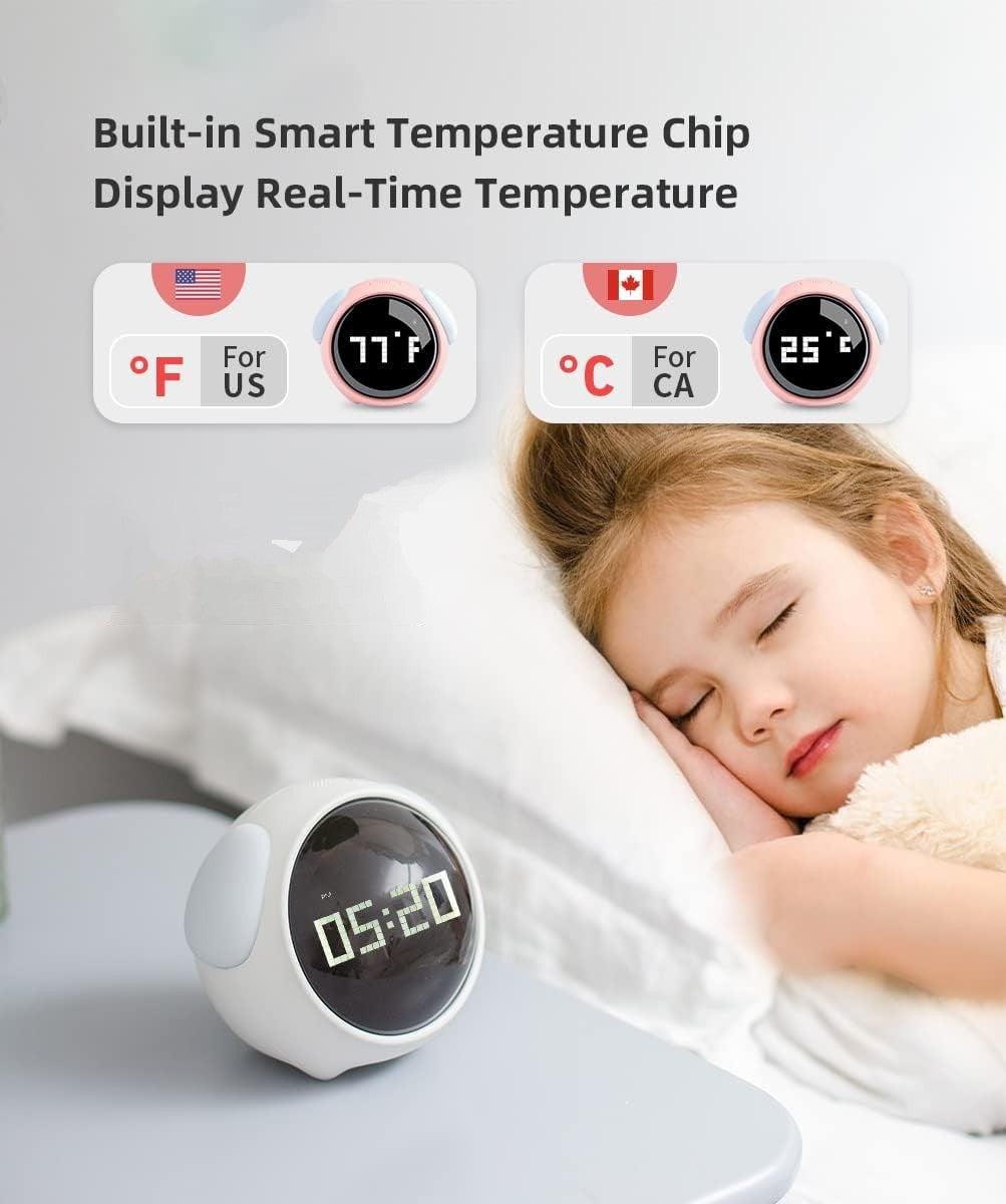 Kids Emoji Alarm Clock with Dual Alarms, Adjustable Brightness Night Light, Voice-Activated, Temperature Detection - Perfect Wake-Up Clock and Christmas Gift for Kids (Pink).
