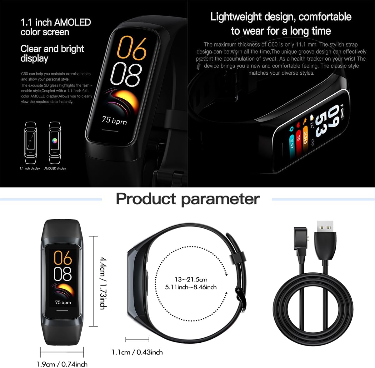 Heart Rate Fitness Tracker & Activity Smartwatch, Sports Bracelet with Sleep Monitor, Calorie Counter, Pedometer & IP67 Waterproof Wristband for Men & Women (Black)