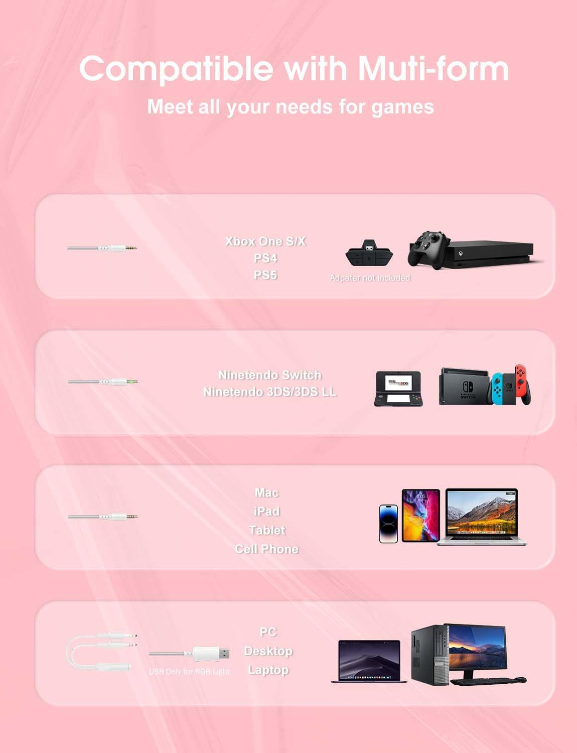 Lightweight Pink Gaming Headset with Removable Cat Ears, RGB Lights, Surround Sound & Noise-Cancelling Mic – Compatible with PC, PS4/PS5, Xbox, Switch