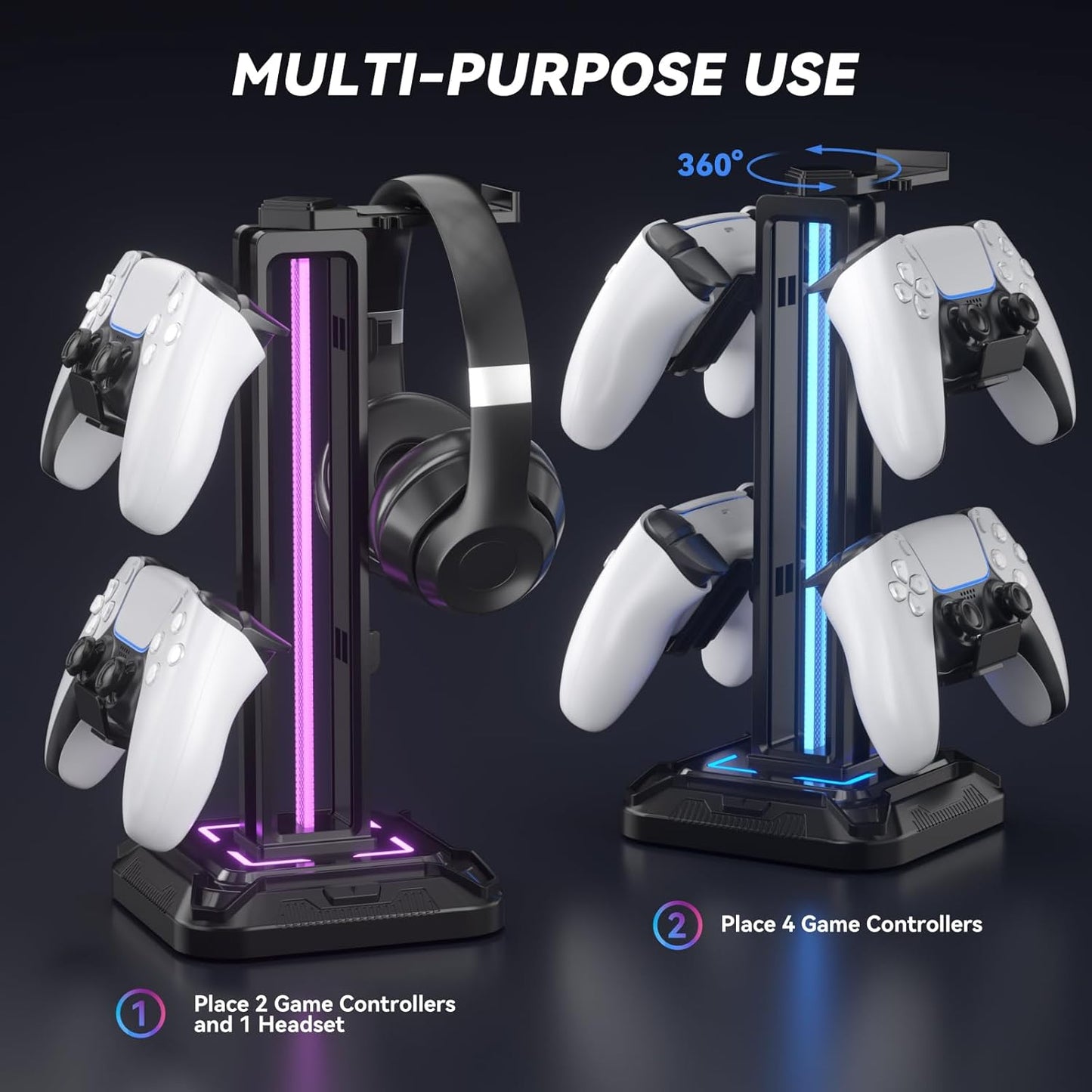 Headset Stand with Phone Holder & Controller Mount, 9 Light Modes, USB Charging Ports, Rotatable Headphone Hanger, Gaming PC Accessories Storage Hook (Black)