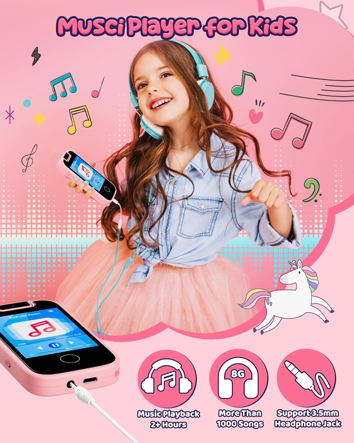 Kids Smart Phone Toy Pink for Girls 3-8 Years Old. Toddler Unicorn Gifts, Educational games, Dual cameras, MP3 Music Player, and touchscreen pretend play. Toddler Birthday Gifts