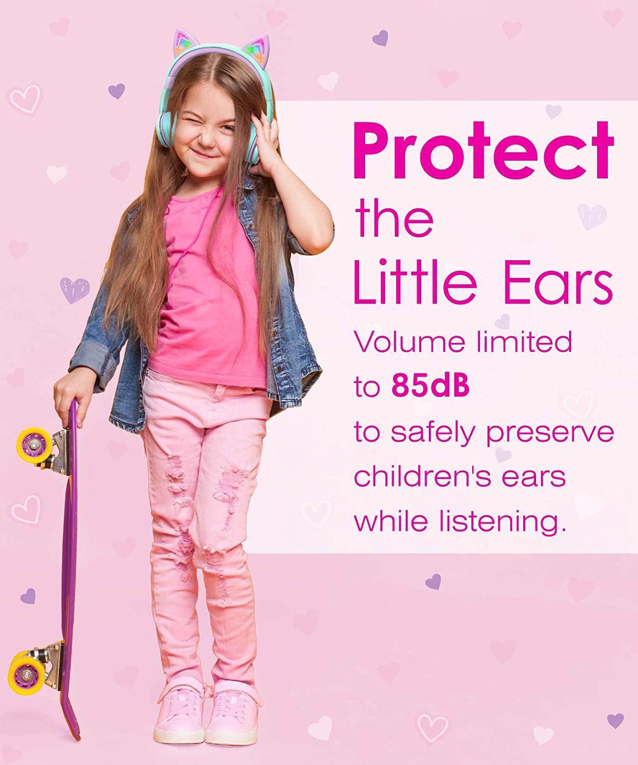 Kids Headphones with LED Cat Ears, 85dB Safe Volume Limit, 3.5mm Wired On-Ear Design, Tangle-Free Laced Cables - Teal/Light Purple, Perfect Christmas Gifts for Boys and Girls)