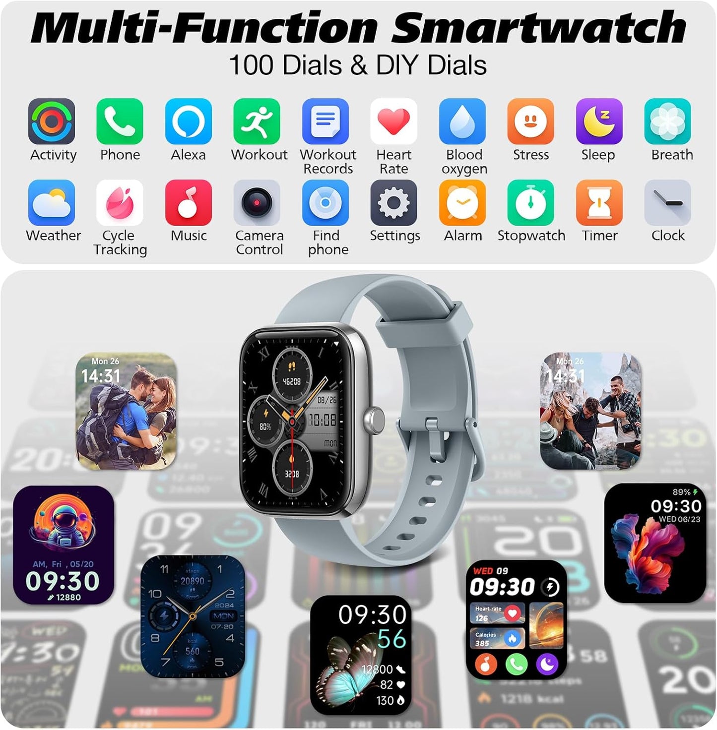 1.8" Smart Watch for Men & Women with Bluetooth Call, DIY Dial, Heart Rate, Sleep & Blood Oxygen Monitor, 100+ Sports Modes, IP68 Waterproof, Alexa Built-in for Android & iPhone