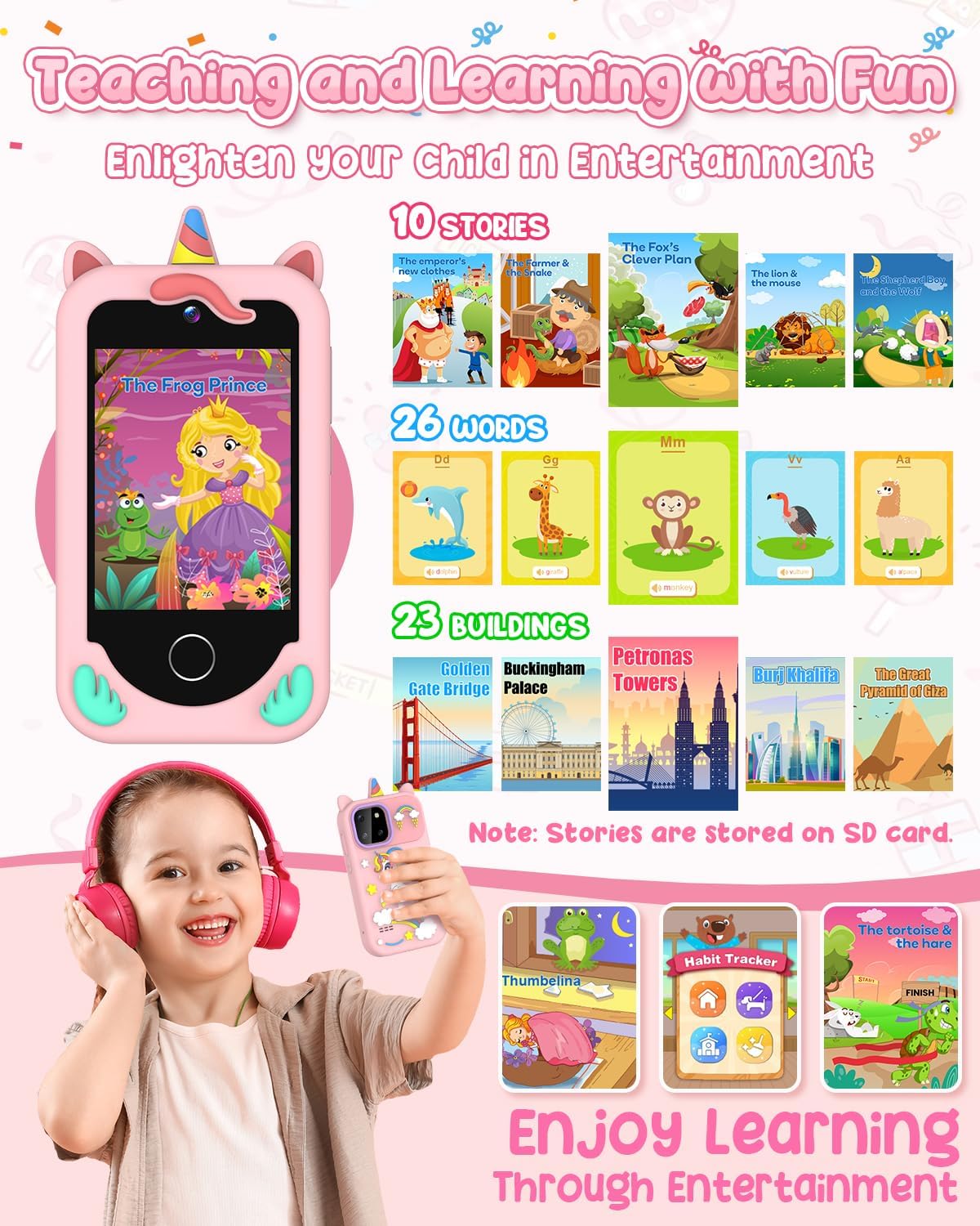 Kids Smart Phone Toy Pink for Girls 3-8 Years Old. Toddler Unicorn Gifts, Educational games, Dual cameras, MP3 Music Player, and touchscreen pretend play. Toddler Birthday Gifts
