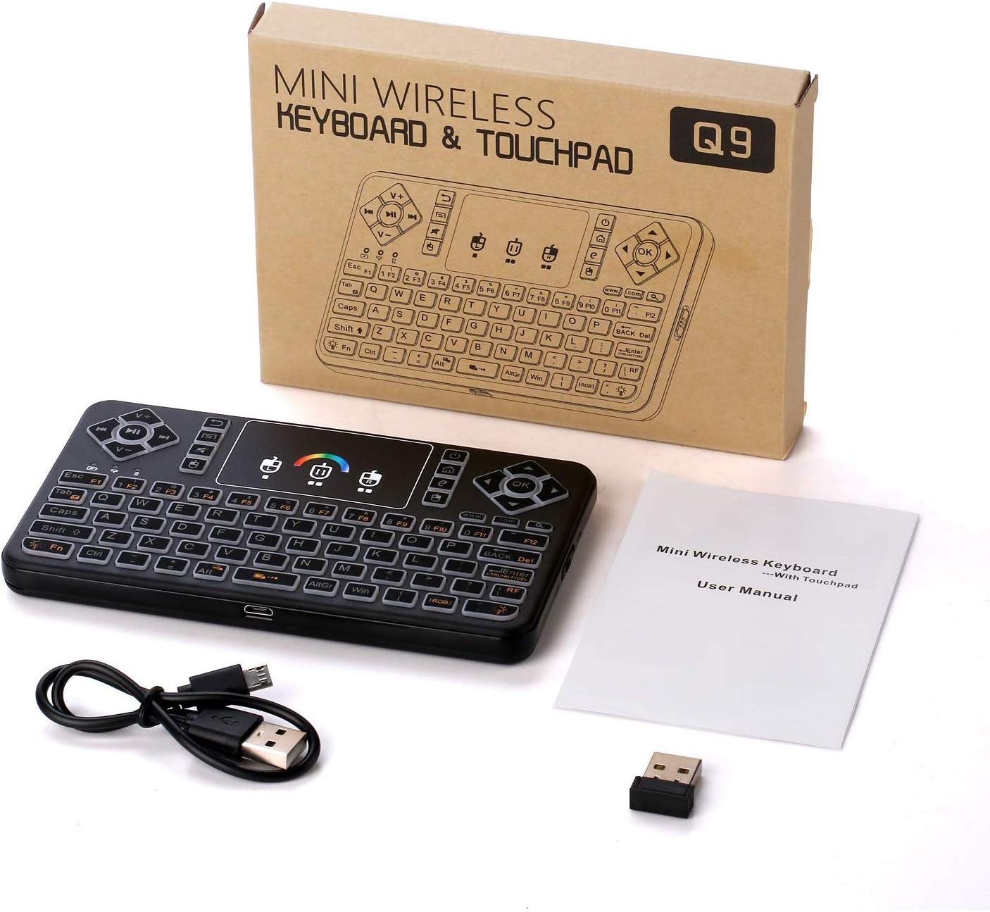 ULTREND Q9 Mini Wireless Keyboard with Touchpad – Rechargeable Handheld Remote, Colorful Backlit Keyboard for PC, Raspberry Pi 4, Android TV Box, KODI, Windows 8/10/11