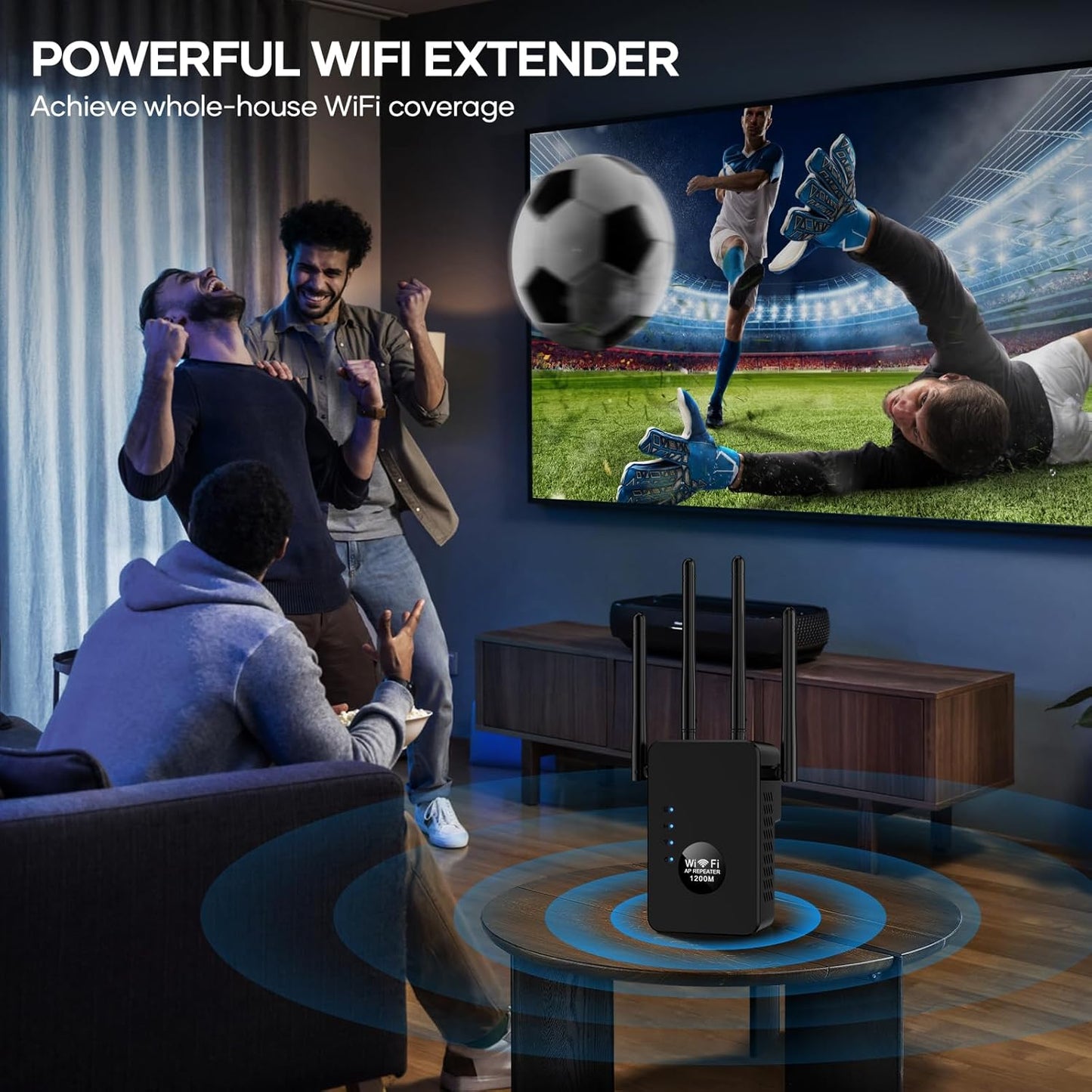 High-Speed Dual-Band WiFi Extender – 1200Mbps Signal Booster with 4 Antennas, 5GHz/2.4GHz, Wide Coverage for Home & Office, Supports Multiple Devices (Black)