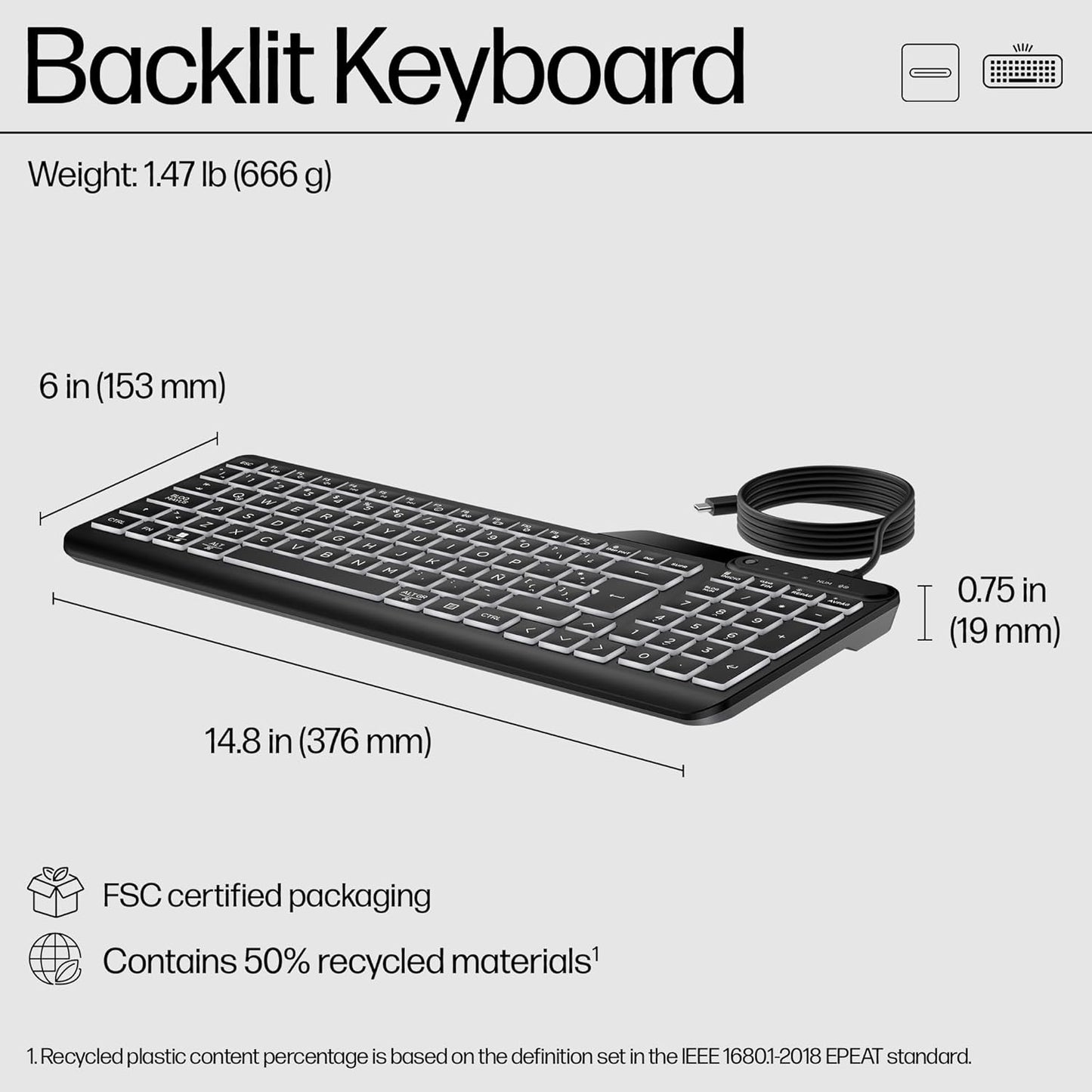HP 400 Backlit Wired Keyboard – Warm White LED, Slim, Spill-Resistant