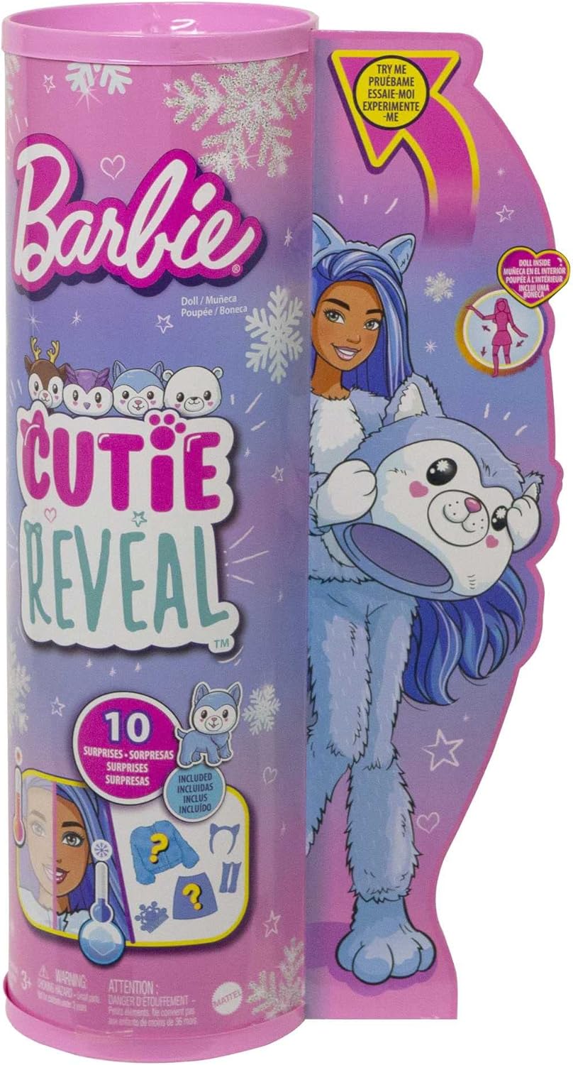 Barbie Cutie Reveal Doll, Snowflake Sparkle Series Husky Plush Costume, 10 Surprises Including Mini Pet & Color Change