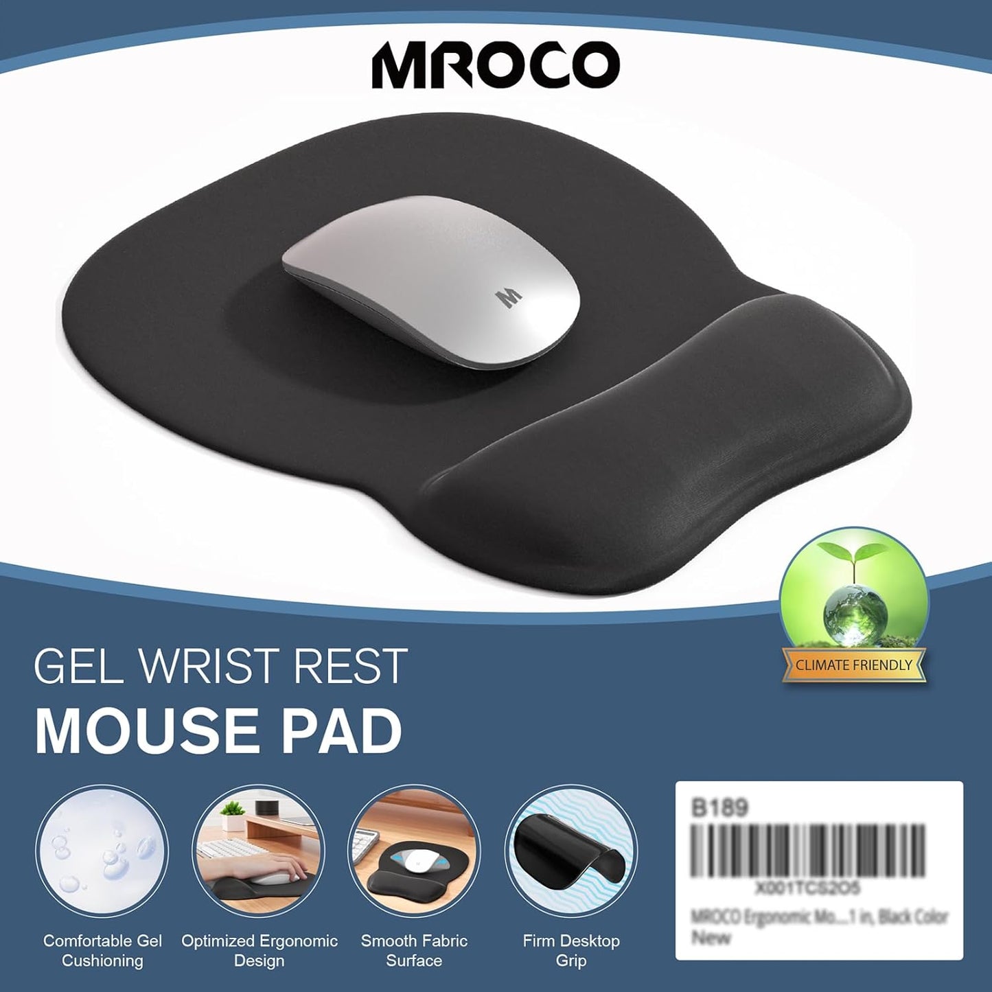 Ergonomic Gel Mouse Pad with Wrist Rest – Non-Slip Base, Smooth Lycra Surface (9.4" x 8.1")