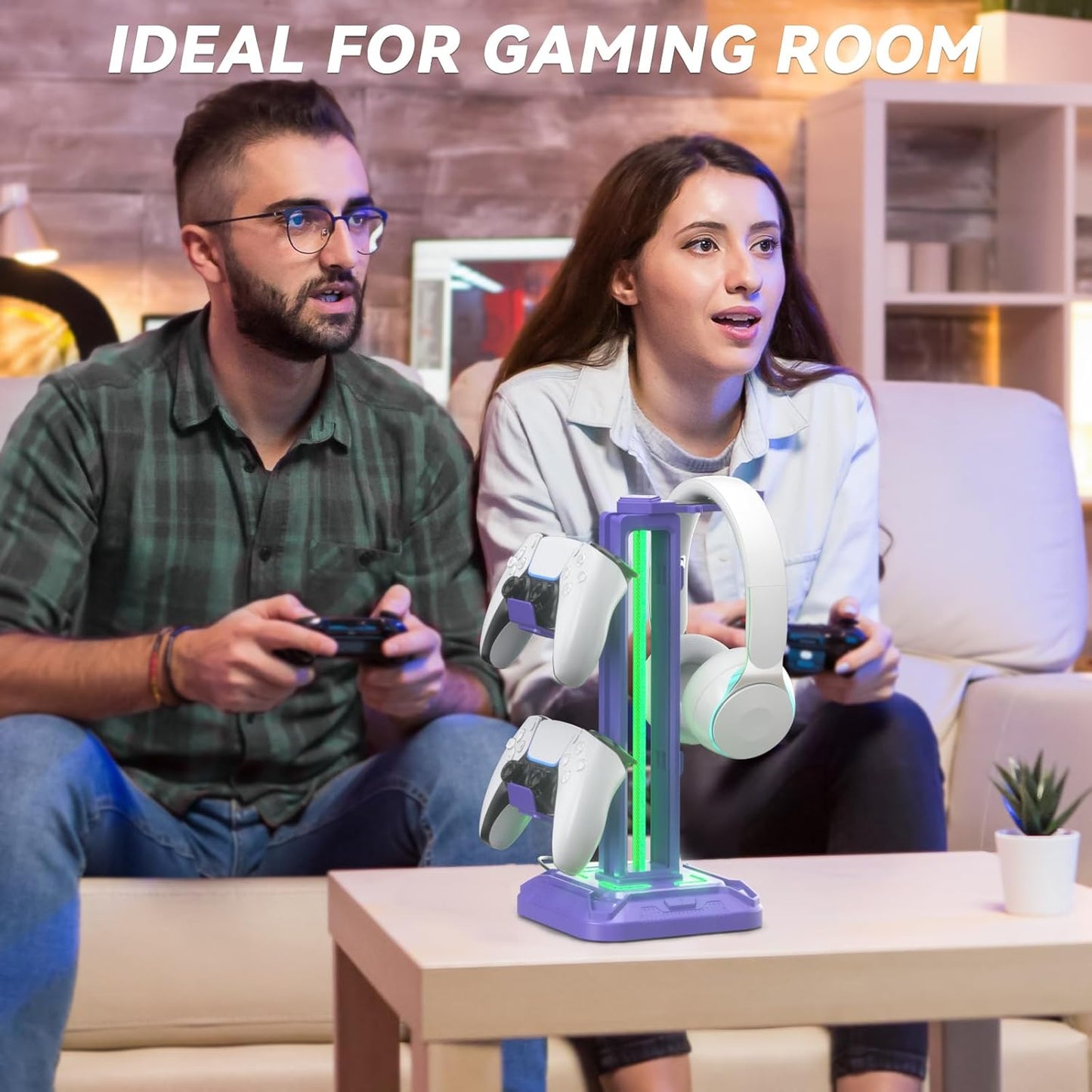 Headset Stand with Phone Holder & Controller Mount, 9 Light Modes, USB Charging Ports, Rotatable Headphone Hanger, Gaming PC Accessories Storage Hook (Black)