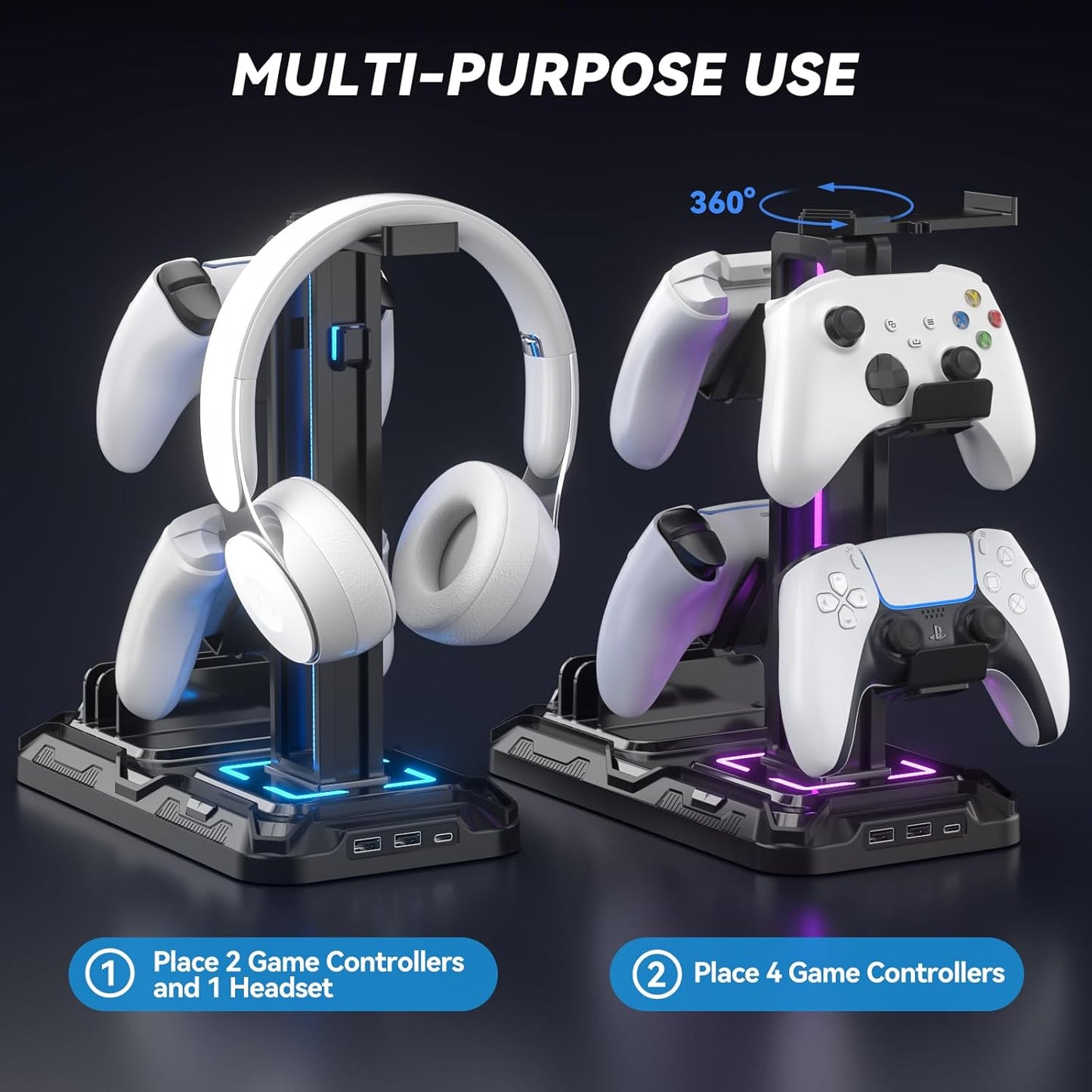 Headset Stand with Phone Holder & Controller Mount, 9 Light Modes, USB Charging Ports, Rotatable Headphone Hanger, Gaming PC Accessories Storage Hook (Black)
