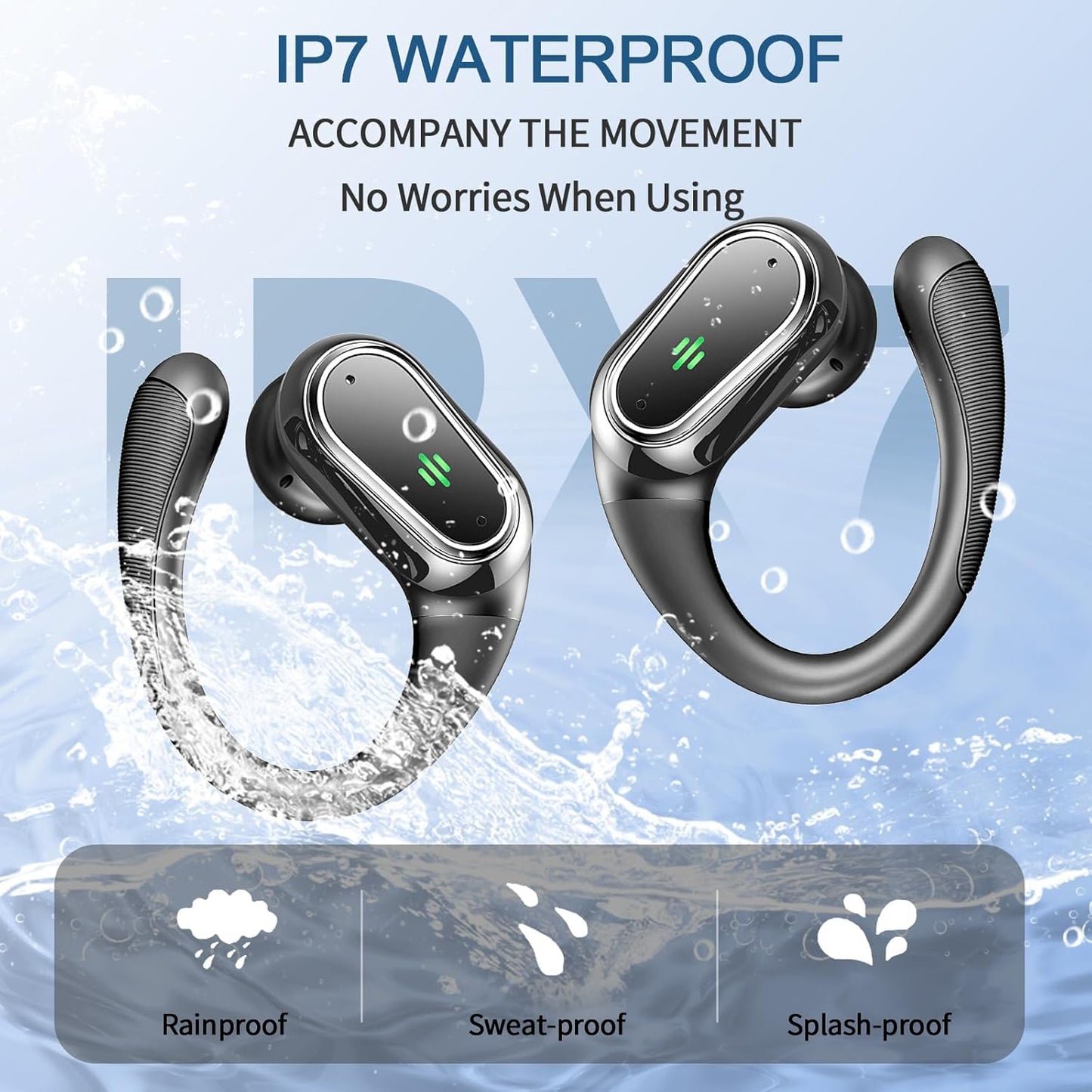 2024 Bluetooth 5.3 Sport Wireless Earbuds with ENC Noise-Canceling Mic, 50H Playtime, IP7 Waterproof Ear hooks & Dual LED Display – Perfect for Running & Workouts