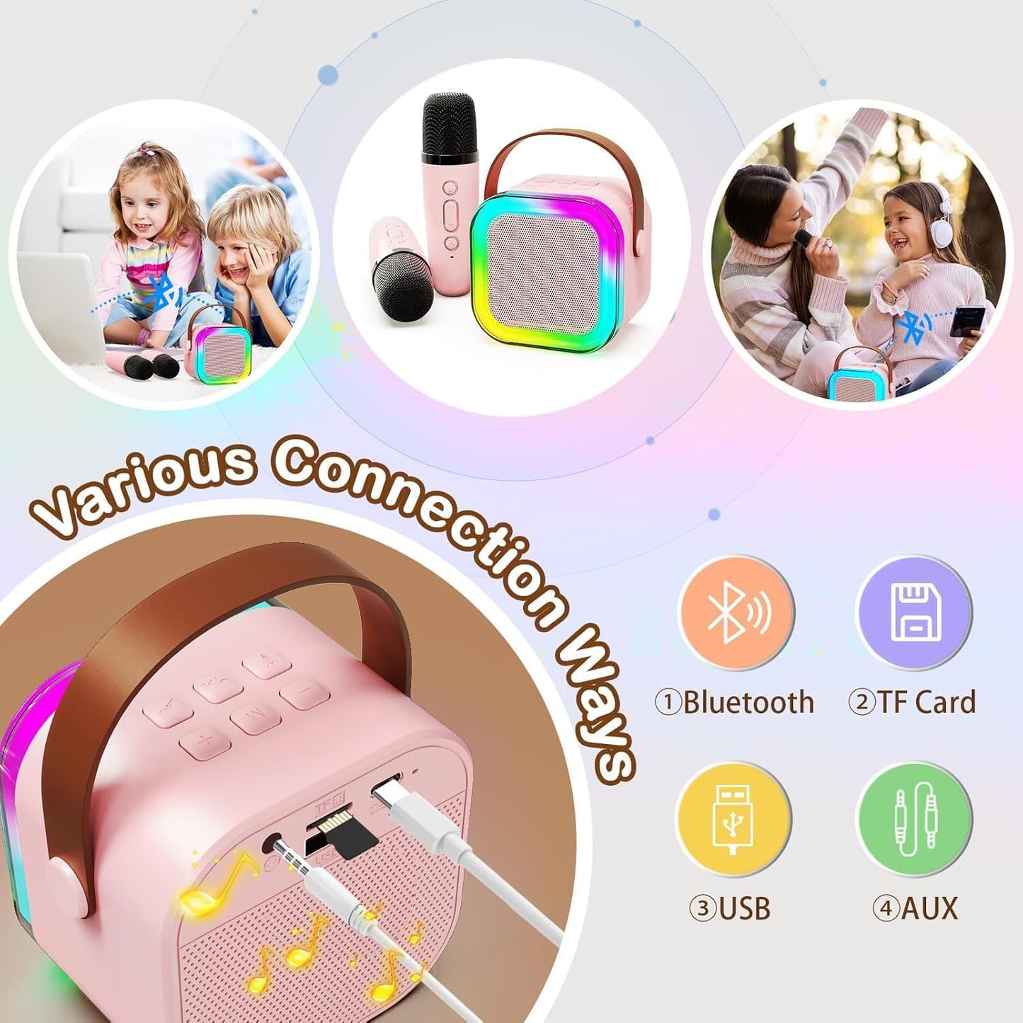 Mini Kids Karaoke Machine 2024, Portable Karaoke Speaker with 1 Wireless Mic & Party Lights, Christmas & Birthday Gift for Girls & Boys Ages 4-12+ (Pink)