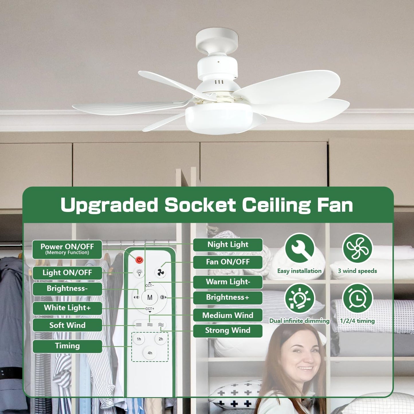 Socket Screw-in Ceiling Fan with Light and Remote - 20.5" 3-Speed Fan, Dimmable LED, E26 Base - Ideal for Kitchen, Bedroom, and Small Spaces
