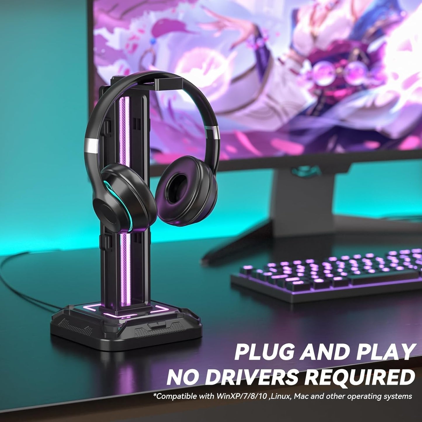 Headset Stand with Phone Holder & Controller Mount, 9 Light Modes, USB Charging Ports, Rotatable Headphone Hanger, Gaming PC Accessories Storage Hook (Black)