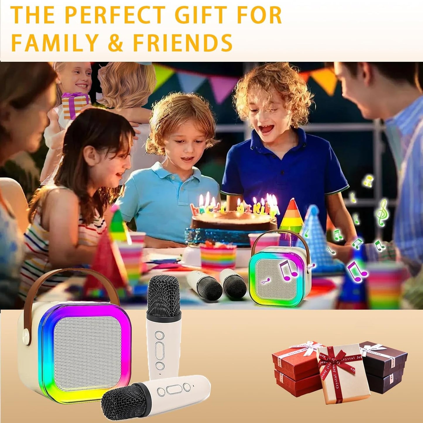 Mini Kids Karaoke Machine 2024, Portable Karaoke Speaker with 2 Wireless Mics & Party Lights, Christmas & Birthday Gift for Girls & Boys Ages 4-12+ (Beige)