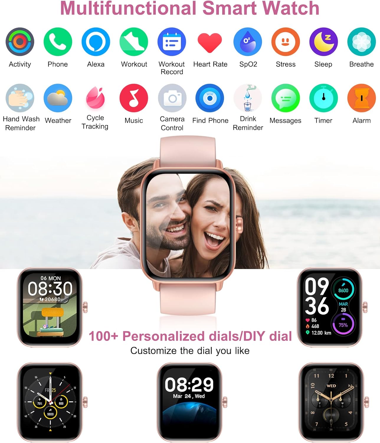 Gleam Up Smart Watch – Alexa, Fitness Tracker, Heart Rate Monitor, IP68 Waterproof (Pink)