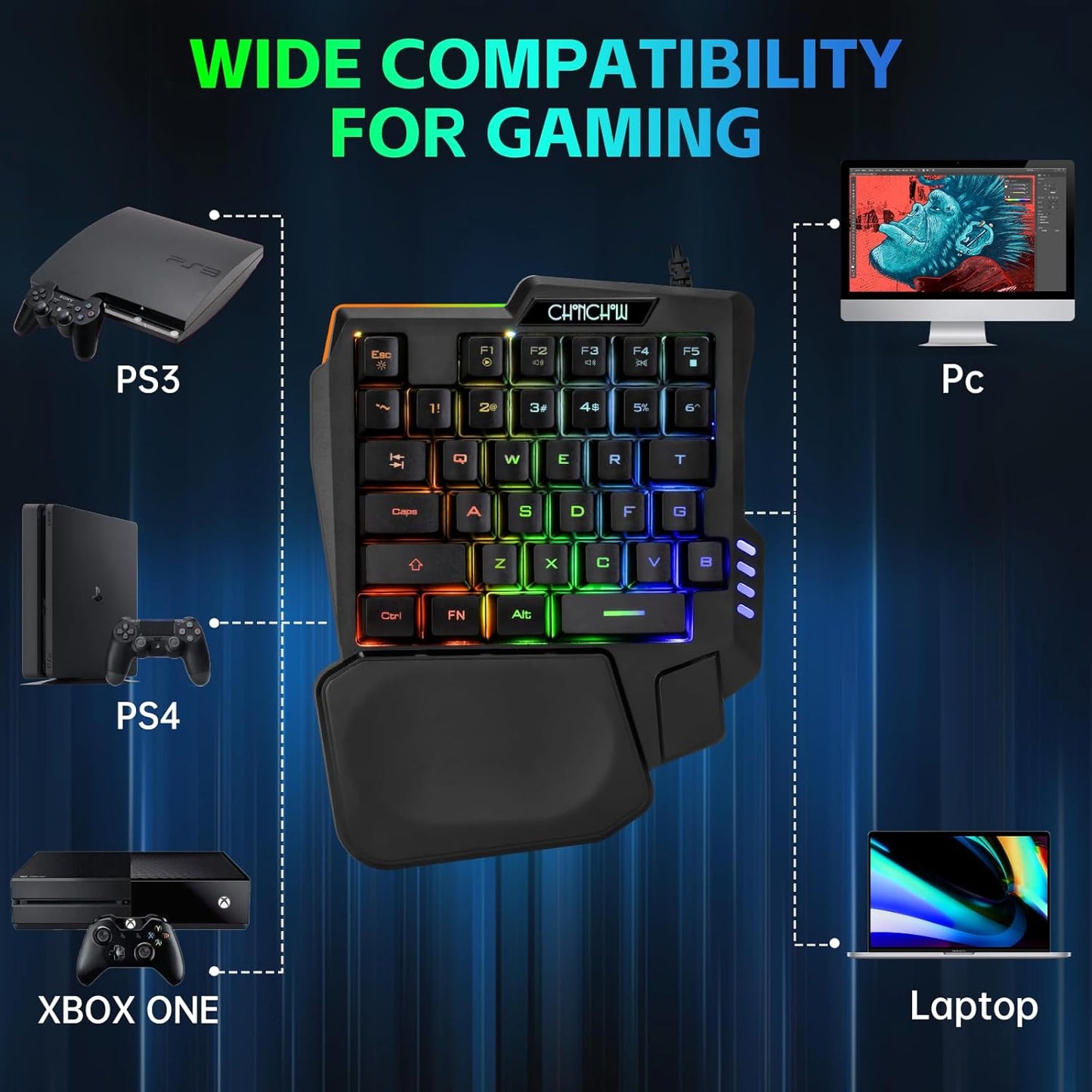 One-Handed RGB Gaming Keyboard Mouse Combo with USB Splitter